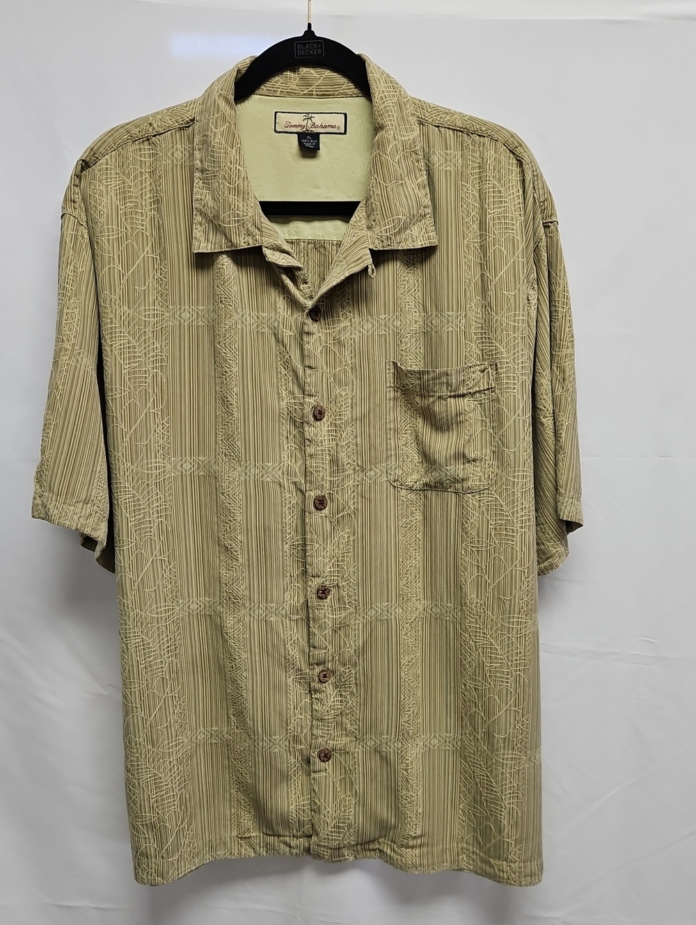 Tommy Bahama Mens XL Tan 100% Silk Jacquard Short Sleeve Button Down Shirt